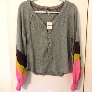 Free People Color Block Sleeve Motif Top